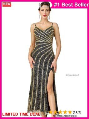Sequin Tulle Formal Maxi Dress High Split V-Neck Sleeveless Prom Gown